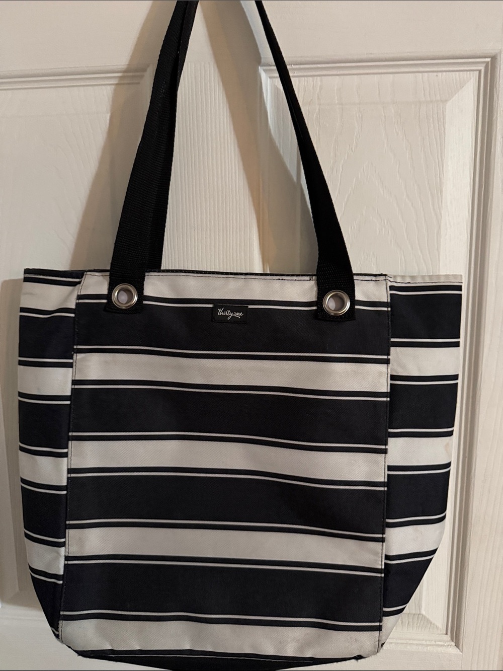 Thirty one, black and white striped tote bag.